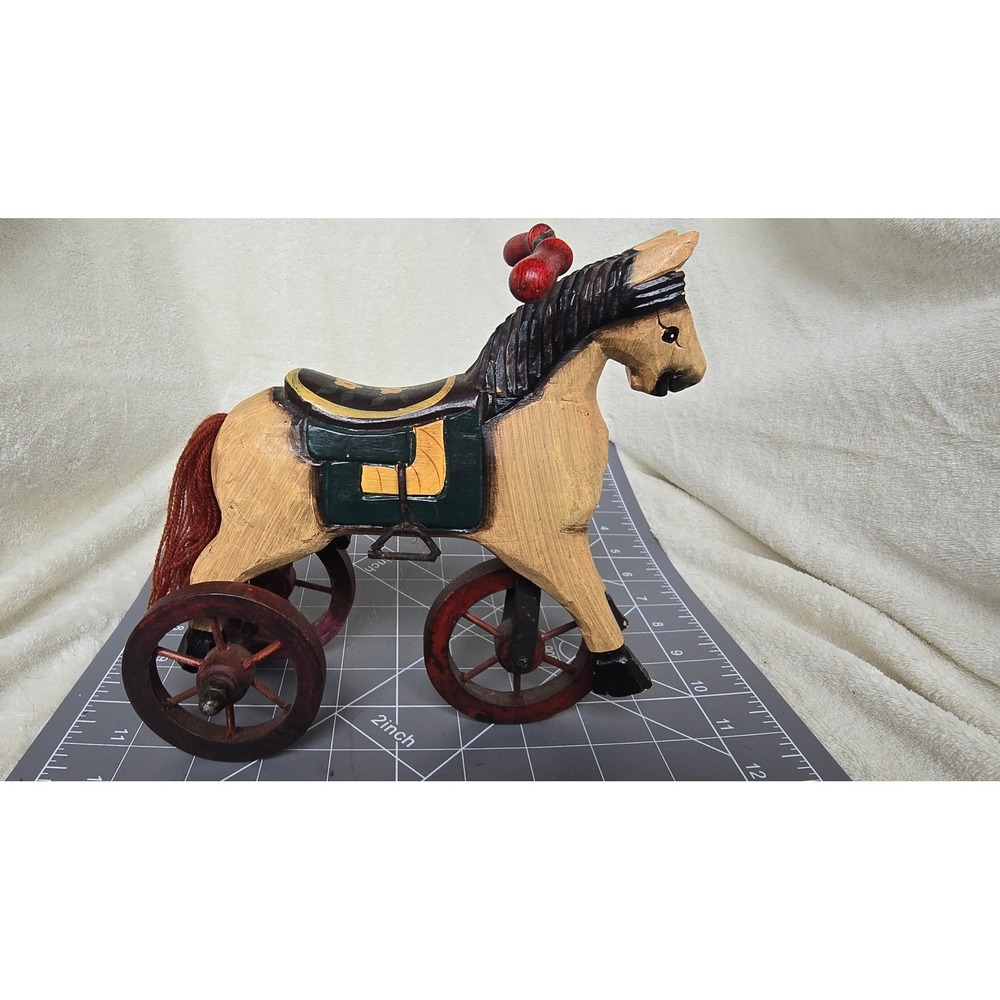 Vintage Hand Carved Wooden Horse Tricycle Folk Art Figurine 9 inch